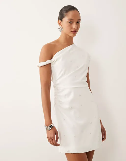 

Белое платье мини с жемчугом и спущенными плечами Six Stories Bridal