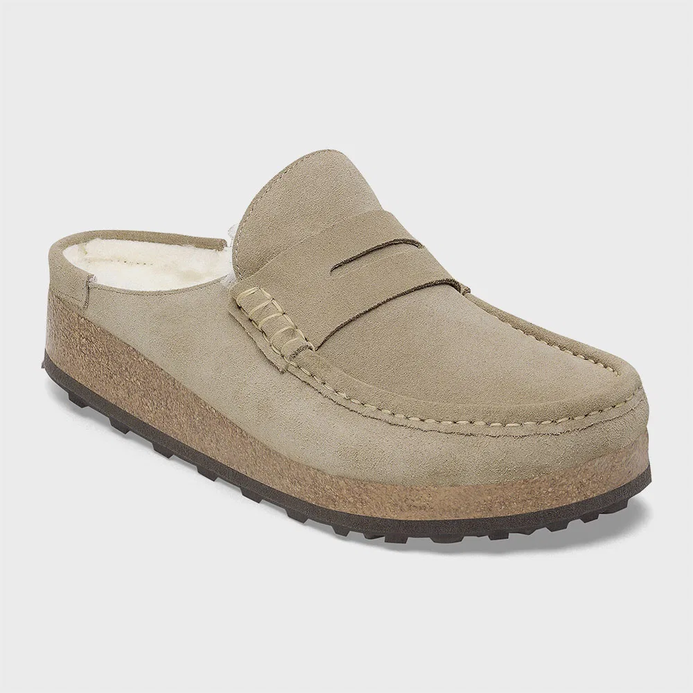 Мужские сабо Birkenstock Napoli Shearling Suede Leather, цвет тауп, стандартная посадка
