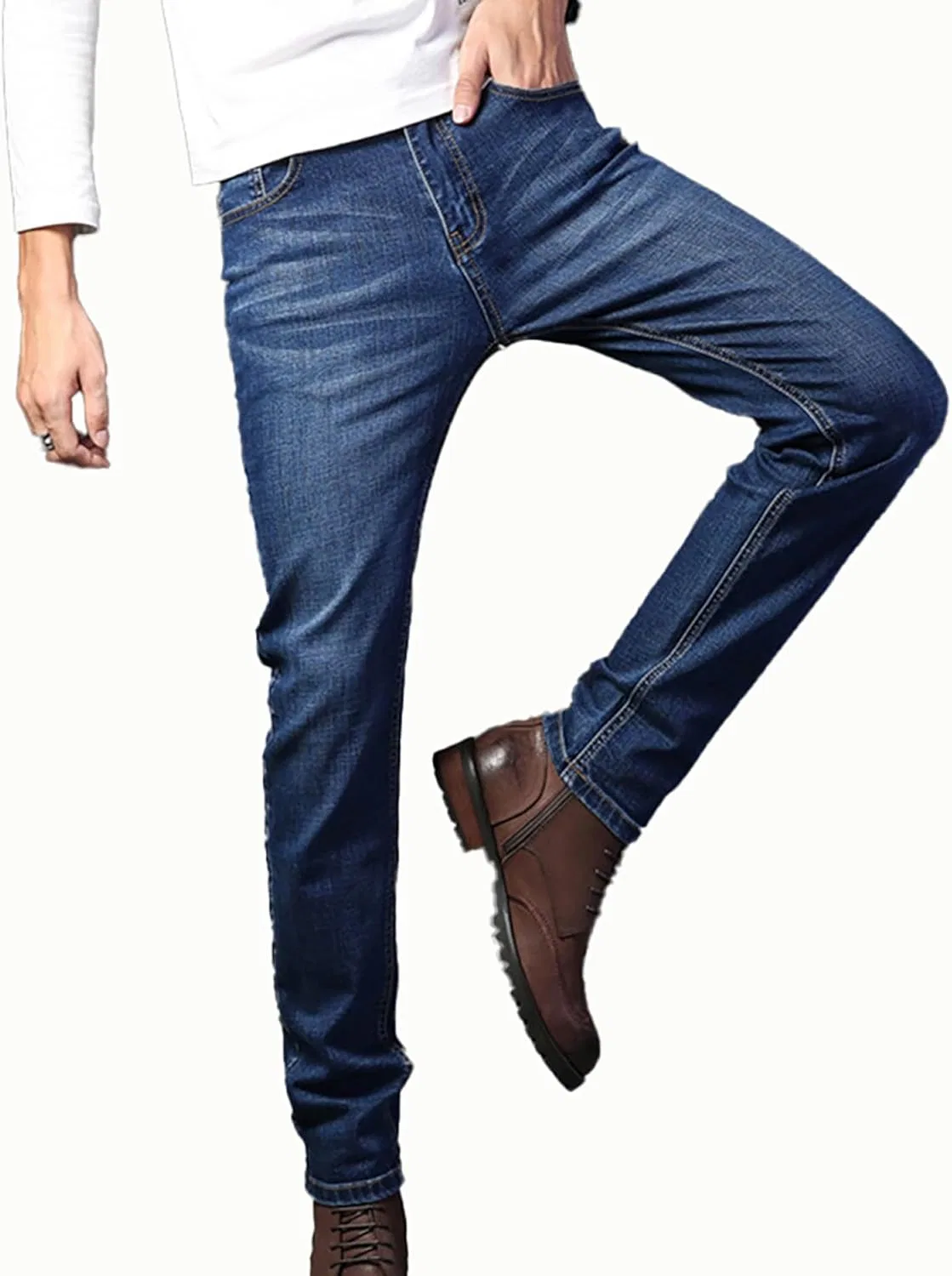 Джинсы прямые классические Men's Regular Fit Stretch Jeans Straight Slim Classic Casual Denim Pants, синие — фото 3