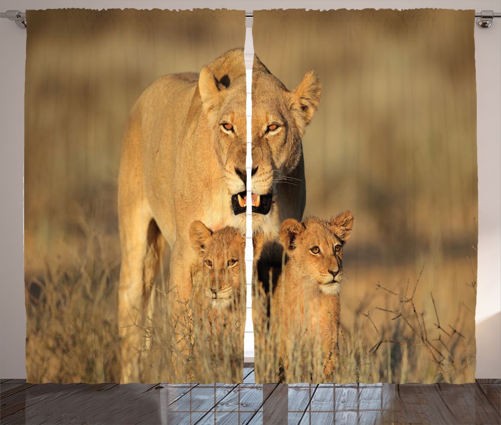 

ABAKUHAUS Africa Rustic Curtain, Safari Lions Wilderness, универсальные ленточные шторы для гостиной с петлями и крючками, 280 x 225 см, кремовые, бежевый