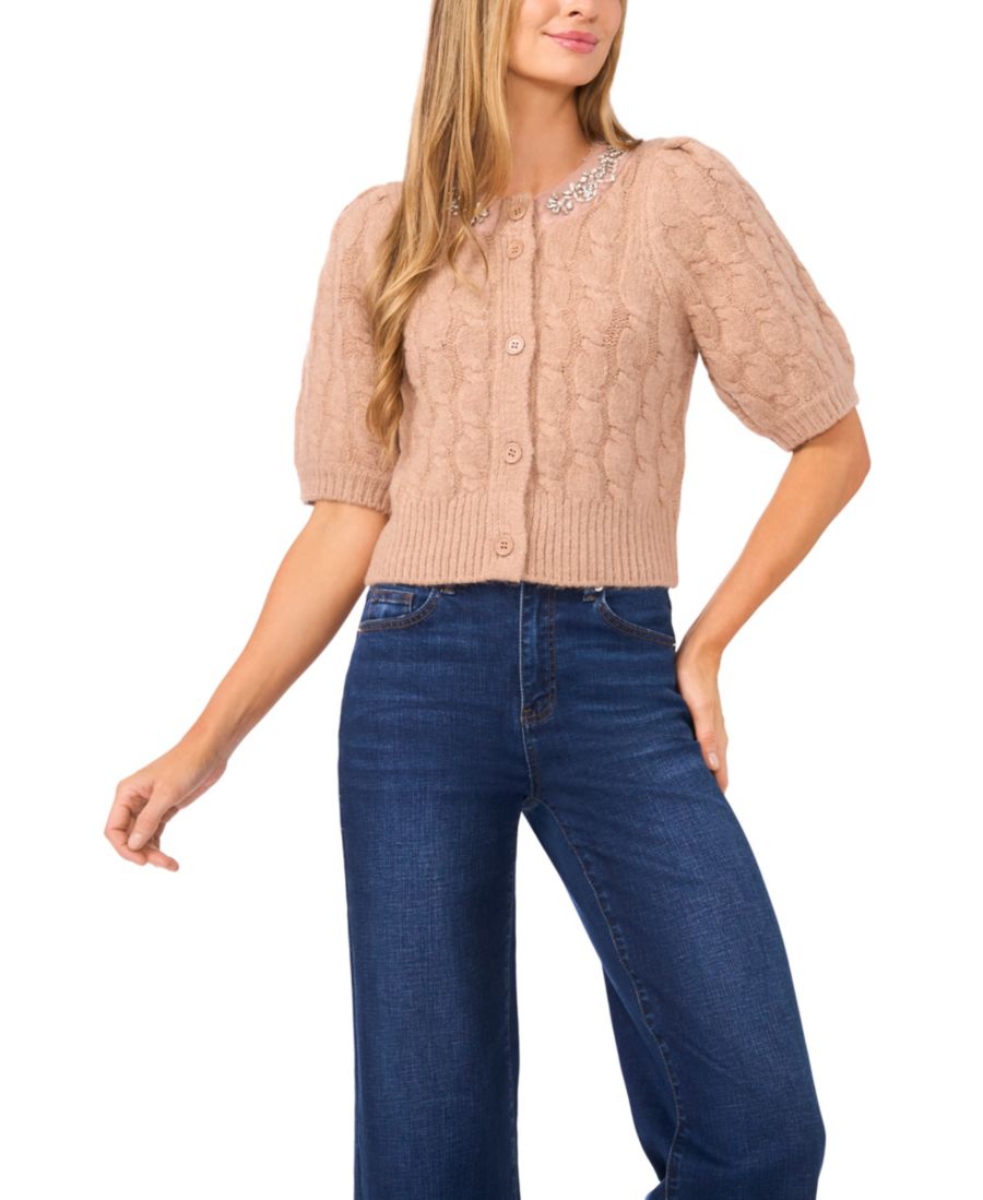 

Женский кардиган с короткими рукавами, украшенный стразами CeCe, Burnt Caramel