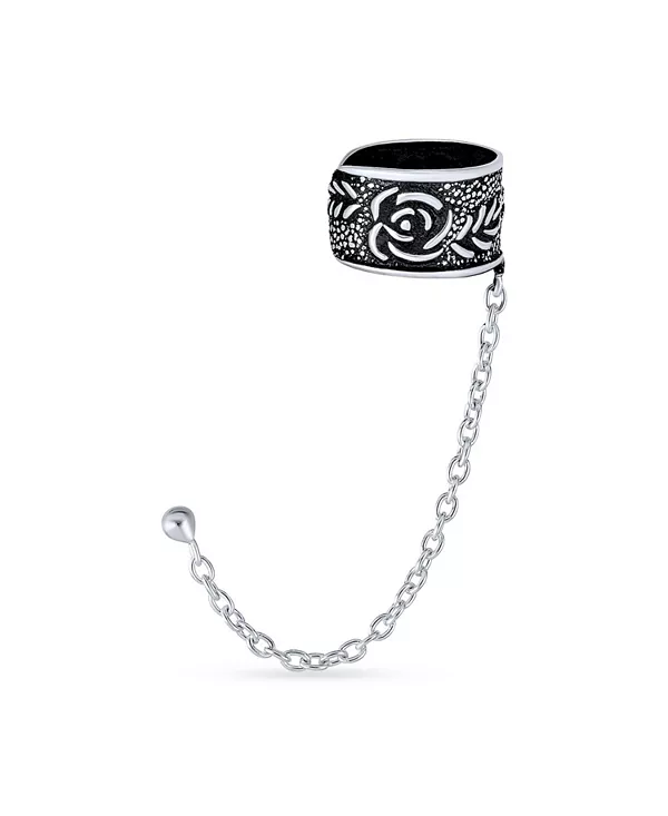 

Серьга-Кафф с цветочным узором, листом, розой, хрящом, цепочка для прокола уха, гвоздик, окисленное серебро 925 пробы Bling Jewelry, silver