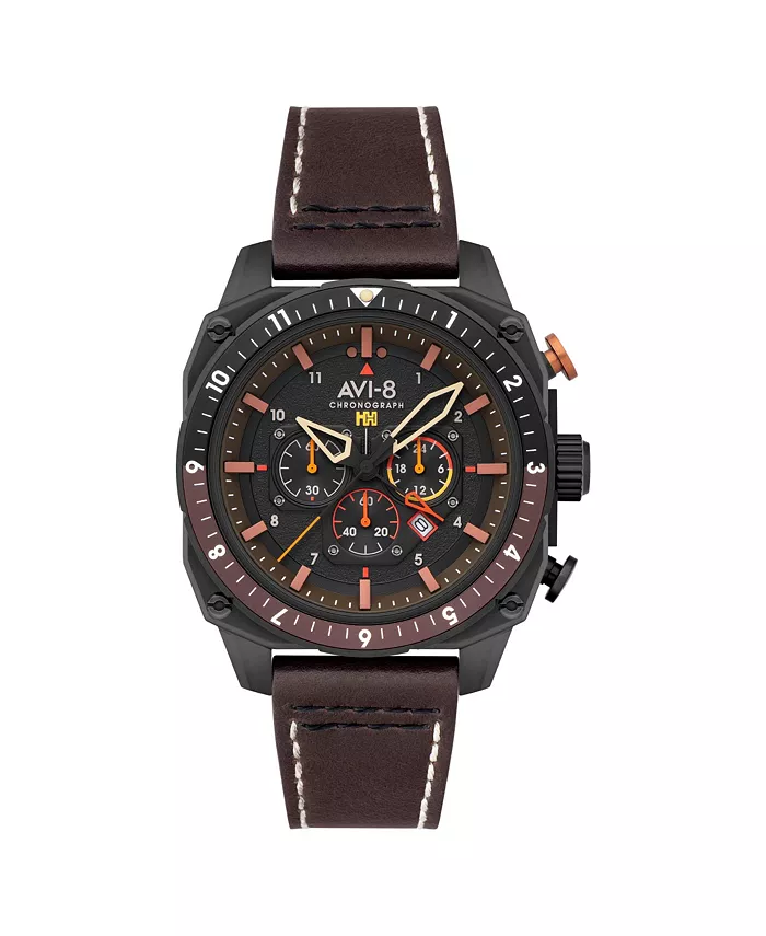 

Мужские часы Hawker Hunter Atlas Dual-Time Chronograph с коричневым кожаным ремешком, 44 мм AVI-8