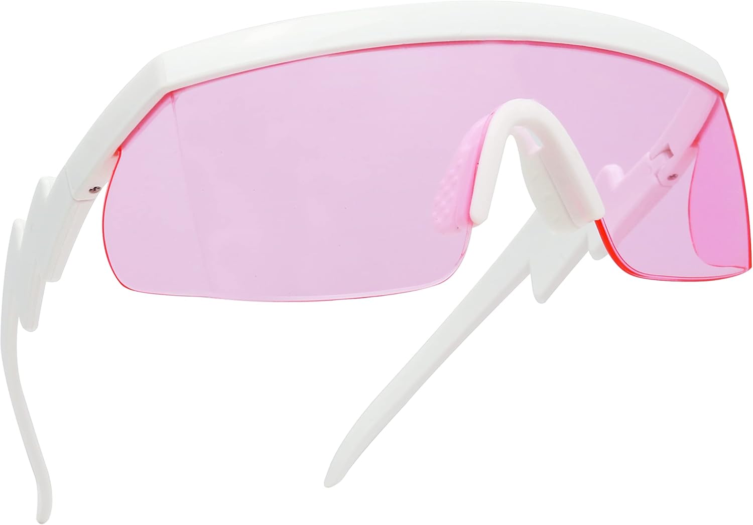 

Солнцезащитные очки ShadyVEU с полуободковой оправой в стиле 80-х, неоновые, яркие, прозрачные, радужные, с изогнутыми дужками в виде зигзага и болтов, в стиле ретро, Clear Pink Lens / White Frame