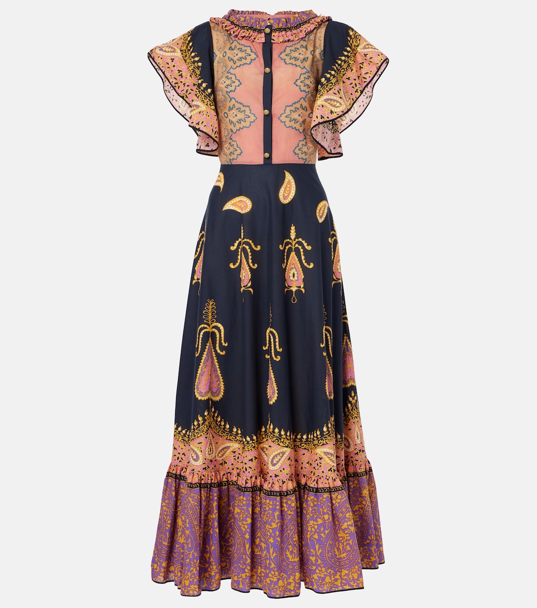 

Платье макси из хлопкового муслина с оборками и узором пейсли Valentino, Nero+Multicolor