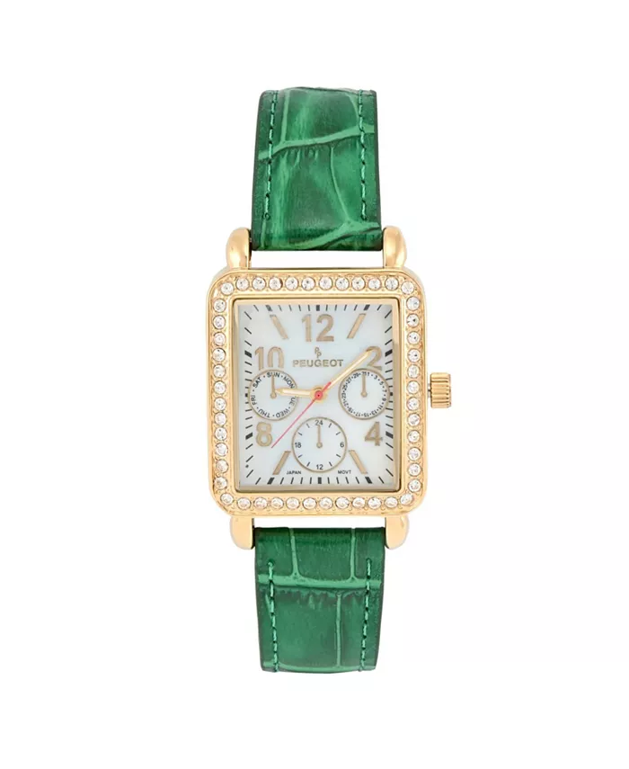 

Женские квадратные наручные часы с позолотой 14K, европейскими кристаллами и зеленым кожаным ремешком Peugeot, зеленый