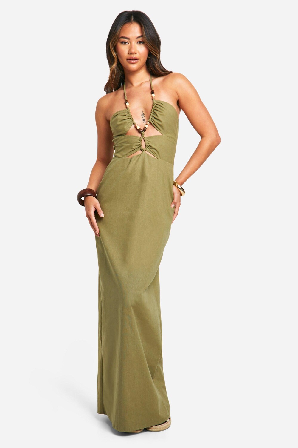

Льняное платье макси с декором из бисера boohoo, зеленый