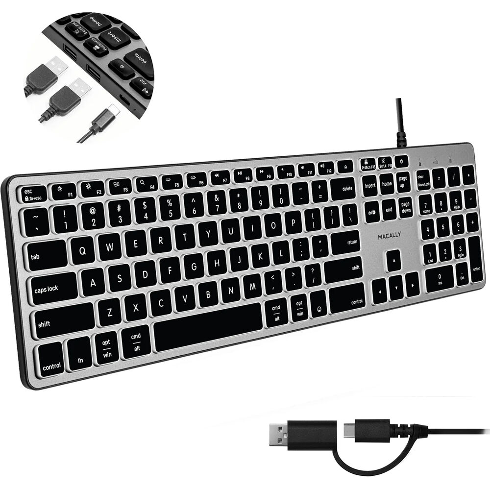 

Клавиатура Macally Dual Connection с подсветкой и встроенным USB-концентратором для Mac