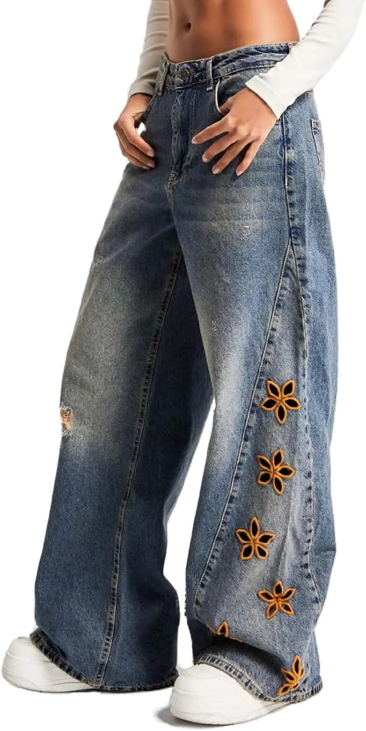 

Джинсы для женщин Flower Cut Out High Waist Y2k Boyfriend с вышивкой и потертостями Zeavitt