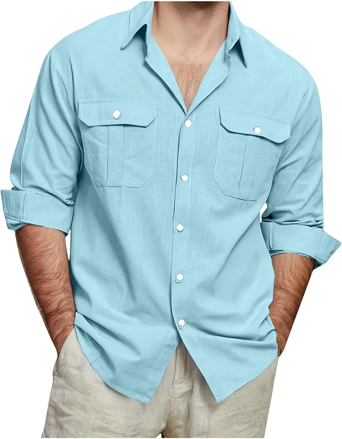 

Мужская рубашка с длинным рукавом свободного кроя casual, однотонная, с отложным воротником, из дышащего хлопка и льна TXGMNA