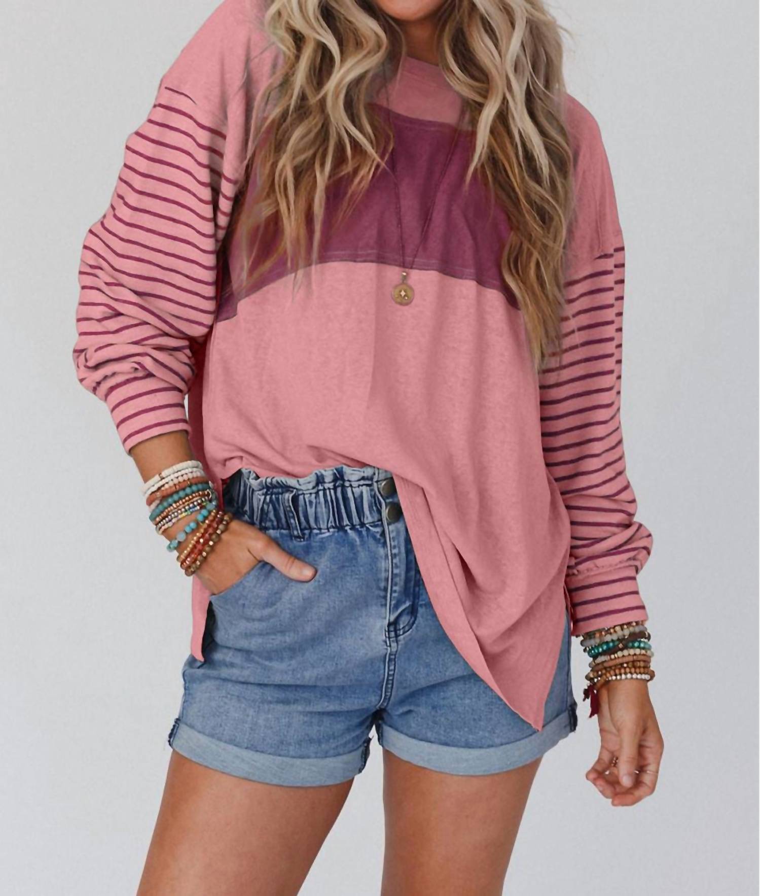 

Цветной полосатый топ в оттенках блаш и берри Lily Clothing, Blush & Berry