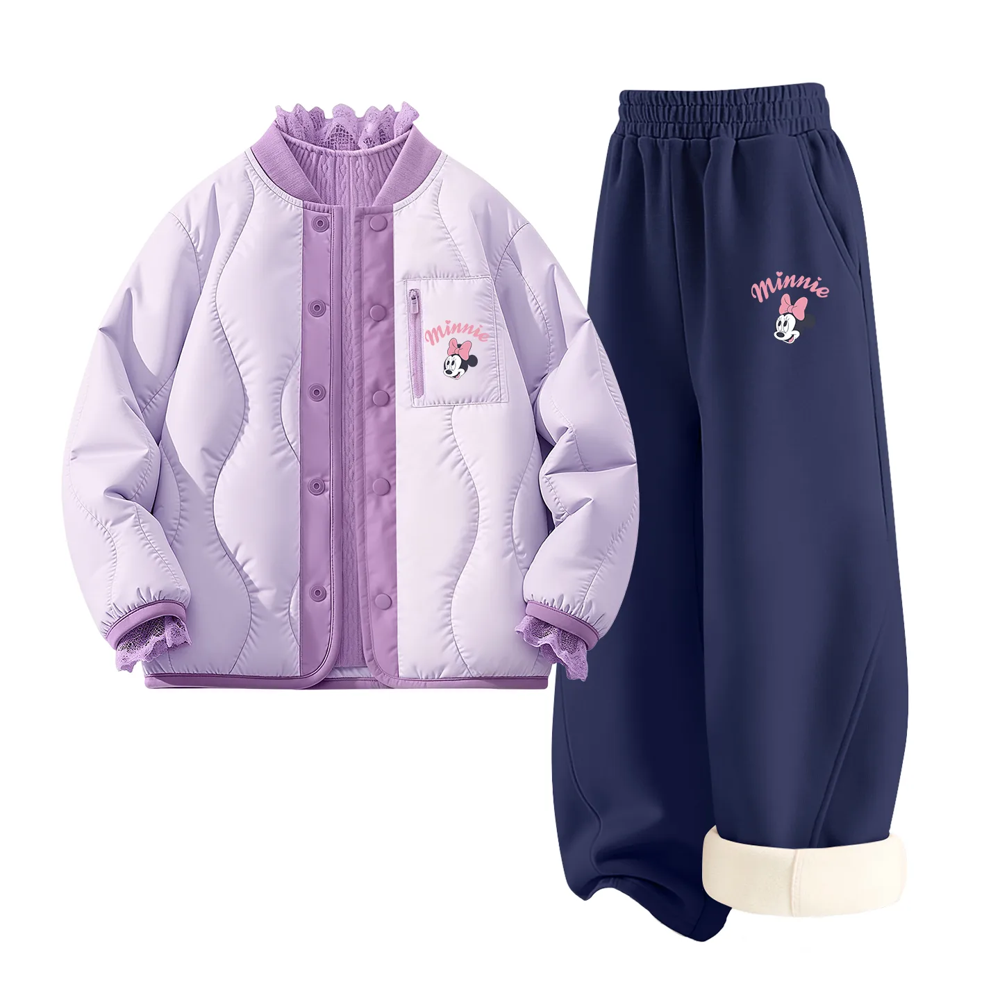 Детская повседневная спортивная футболка с круглым вырезом Disney, [Thickened and Fleece-Lined Three-Piece Set]Silicone Eye-Lifting K Purple+Eye-Lifting K Lotus Pink+Solid Color Purple — фото 3
