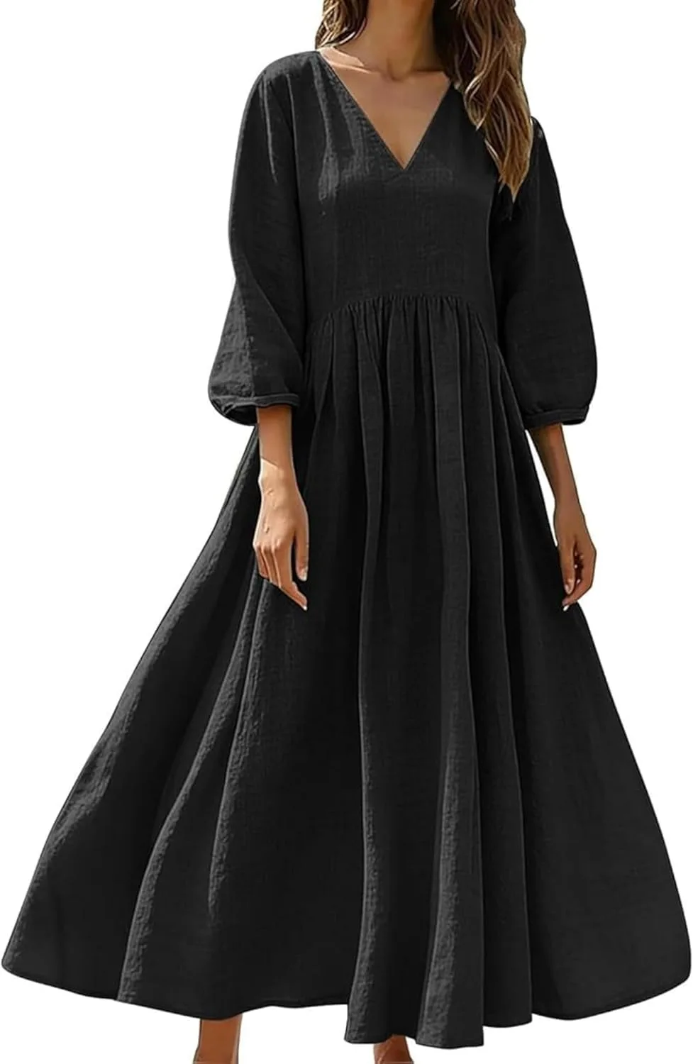 Generic Платье для женщин Plus Size летнее с 3/4 рукавом и плиссированной юбкой в пол, свободного кроя с завышенной талией, для отдыха и пляжа (Black, Large)
