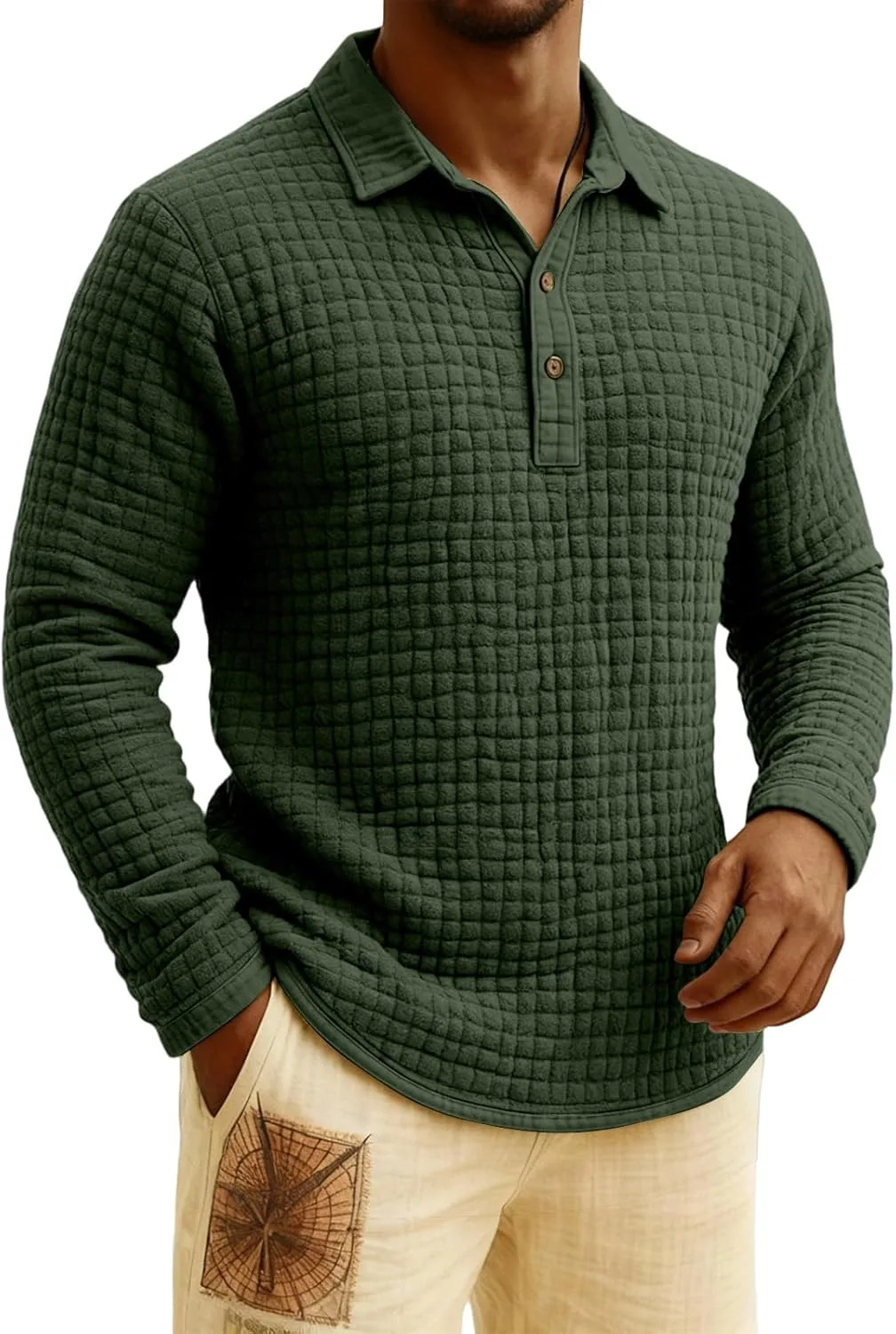 Мужская поло Waffle Slim Fit с длинным рукавом и воротником — фото 2