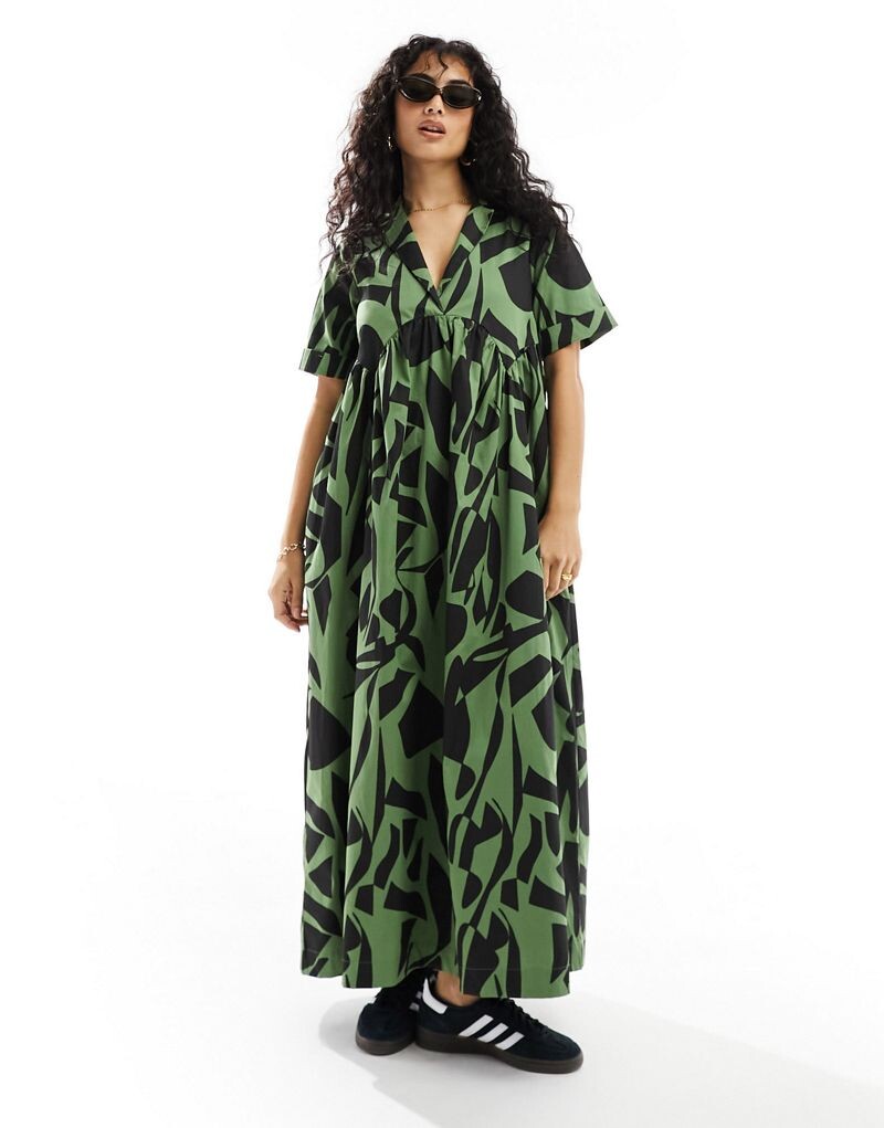 

Свободное платье-рубашка миди цвета хаки с кубинским воротником ASOS DESIGN