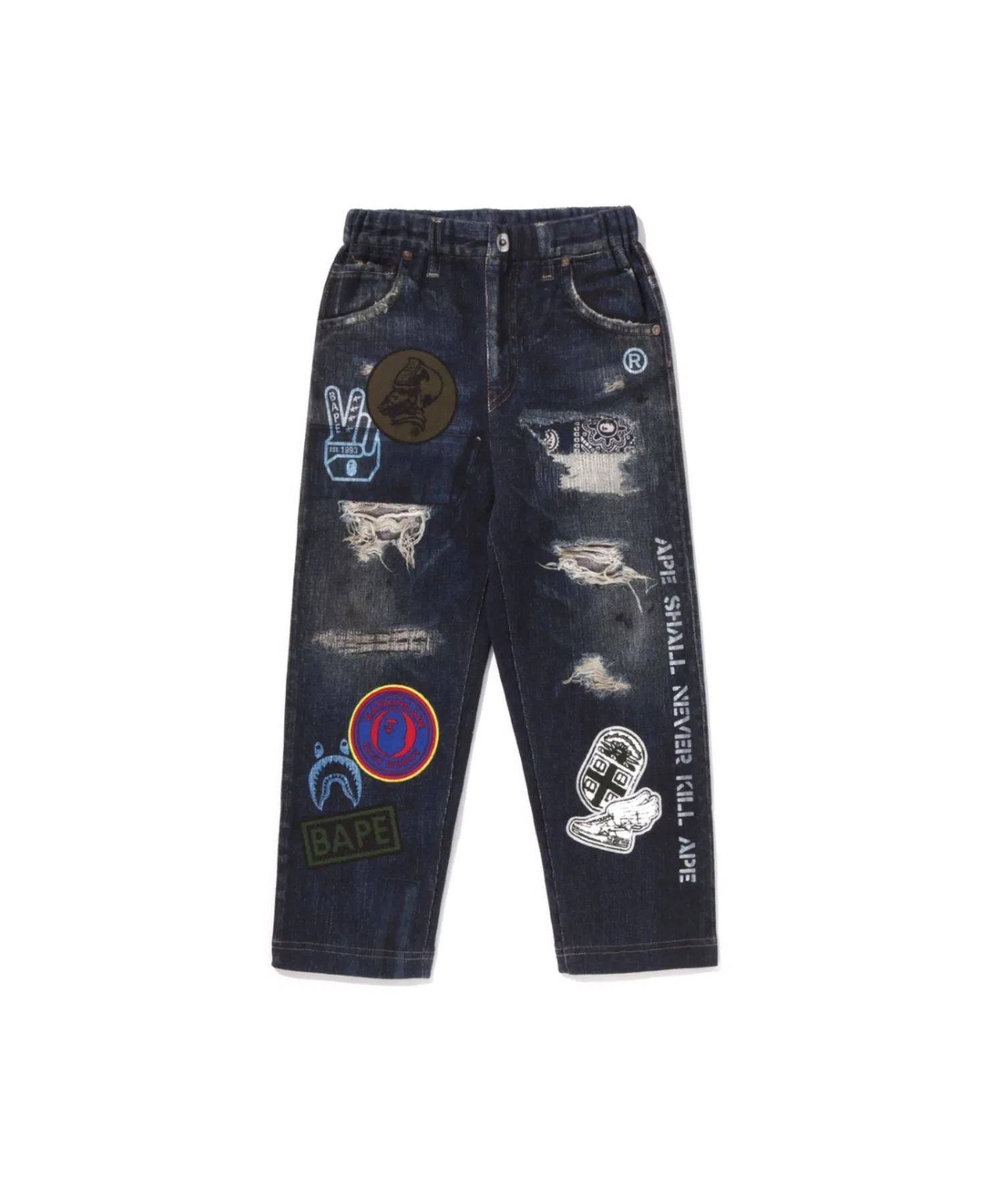 Детские хлопковые штаны A BATHING APE с принтом денима тёмно-синие