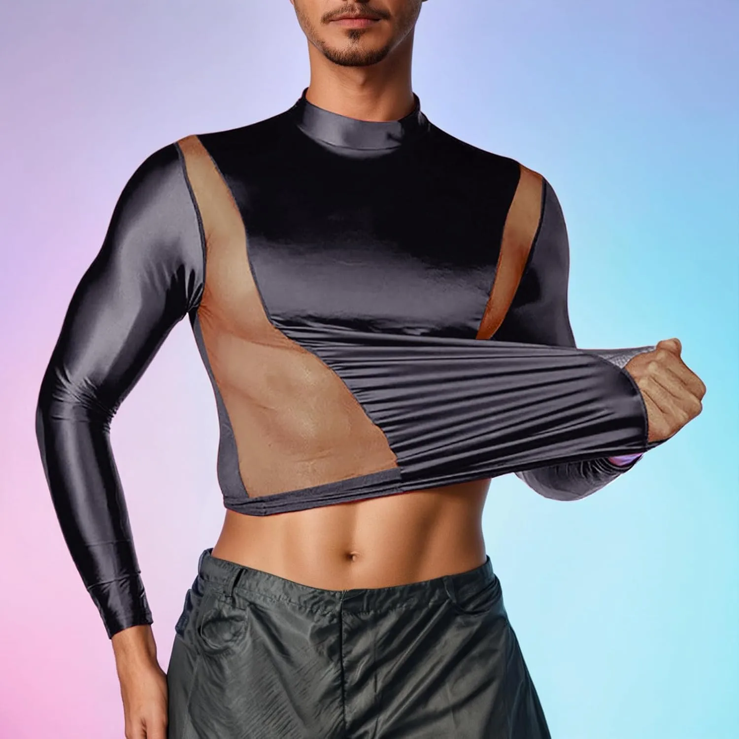 Мужская модная футболка Clubwear с высоким воротником и длинными рукавами — фото 3