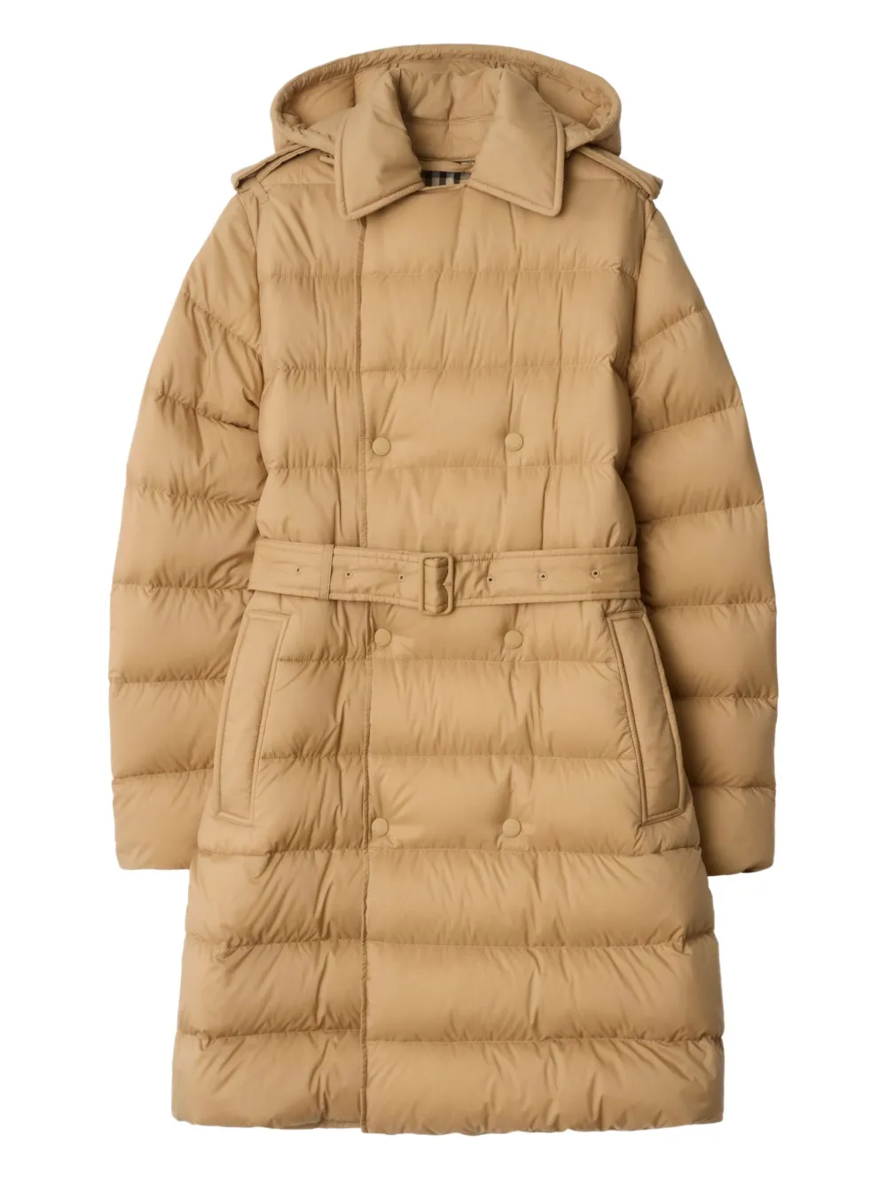 

Двубортный пуховик с поясом BURBERRY, нейтральный