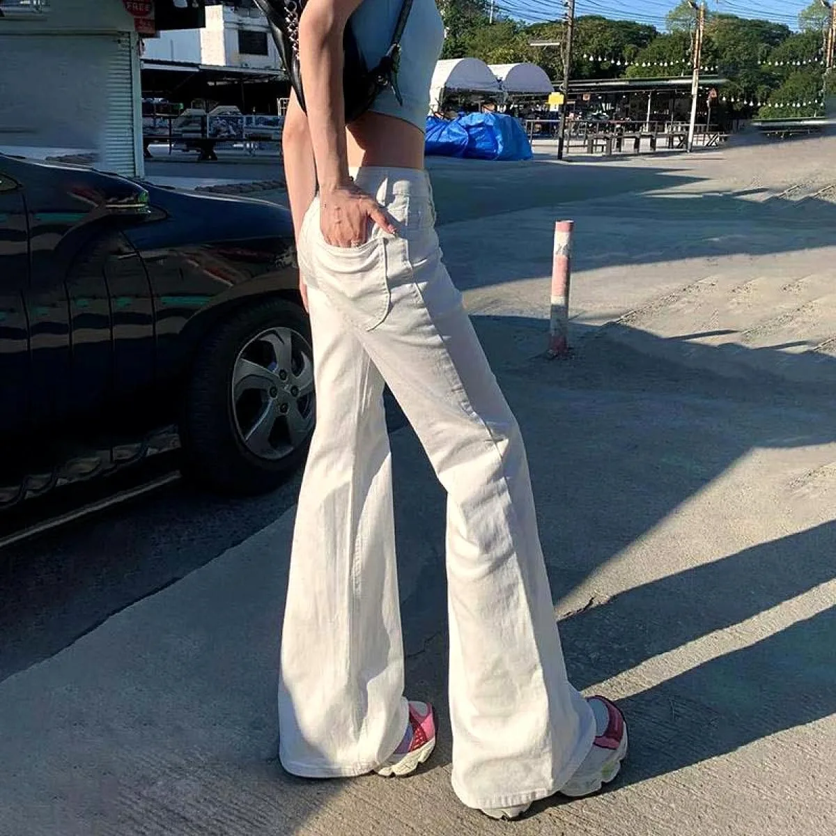 Женские джинсы slim boot cut с эластичным денимом и расклешенным низом для современного casual образа Generic, белый — фото 3