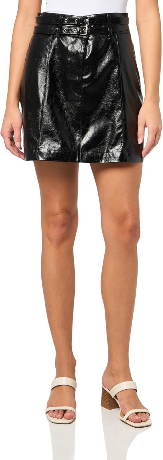 

BOSS Женская мини-юбка с двойным поясом из лаковой кожи, Black Oil