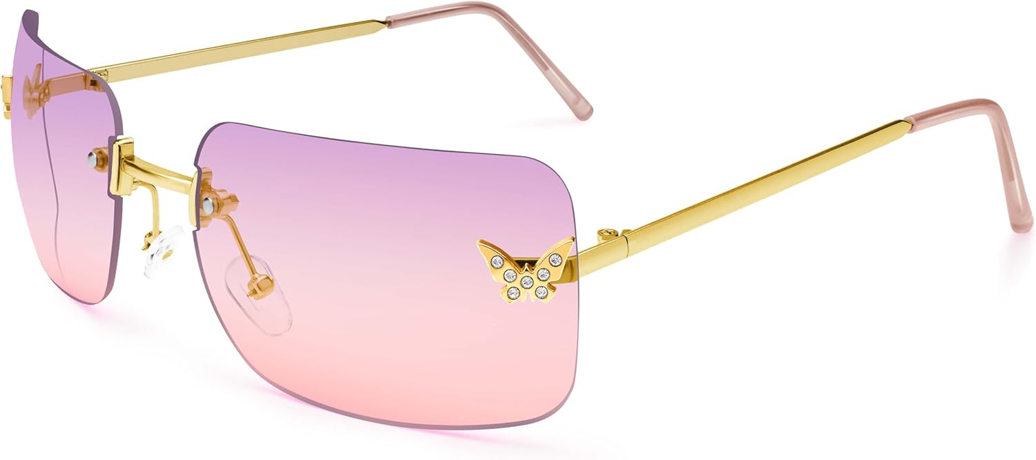 

Солнцезащитные очки Dollger прямоугольной формы в стиле Y2K для женщин, модные без оправы, квадратные солнцезащитные очки в стиле 2000-х, с бабочками, крутые очки 90-х, Gold Frame With Purple Pink Lenses