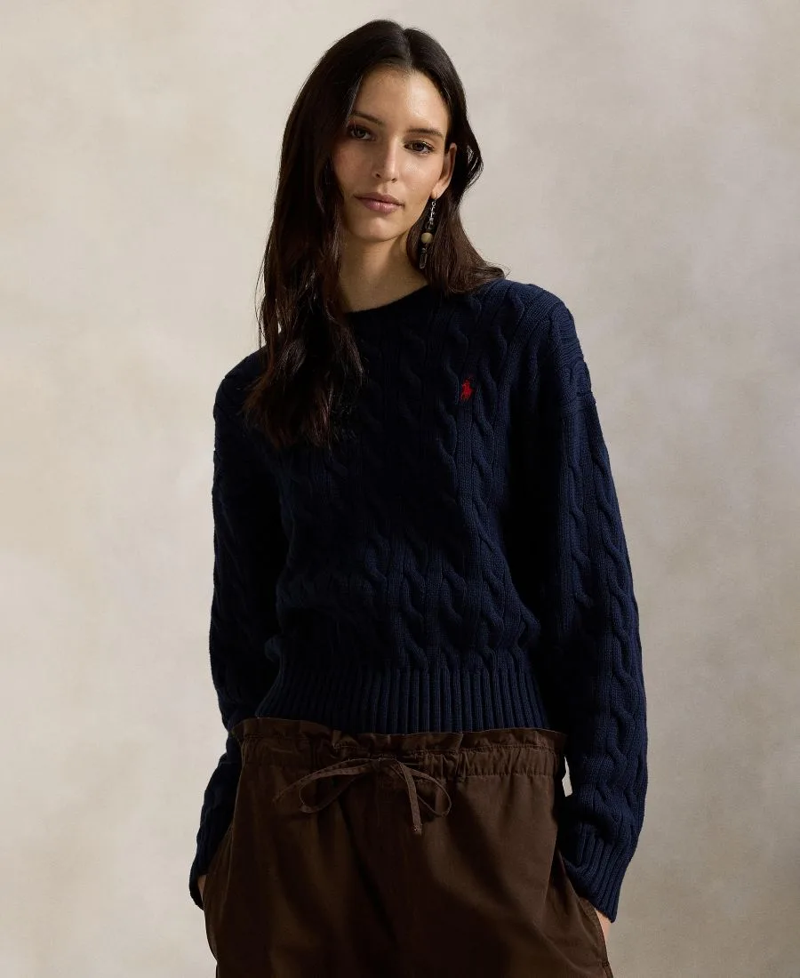 Женский хлопковый свитер крупной вязки с круглым вырезом Polo Ralph Lauren, hunter темно-синий — фото 3