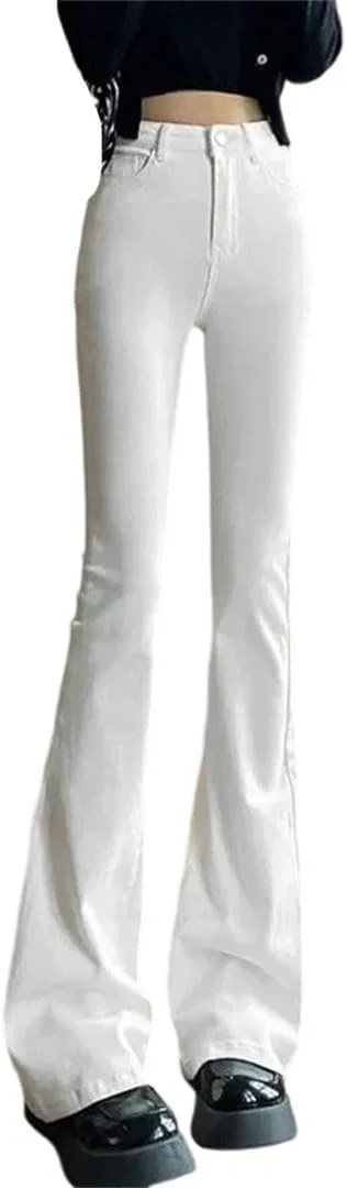Джинсы клеш белые, Women's High Waist White Denim Flared Cotton Jeans Slim Fit Wide Leg Bell Bottom Pants, White Lengthen