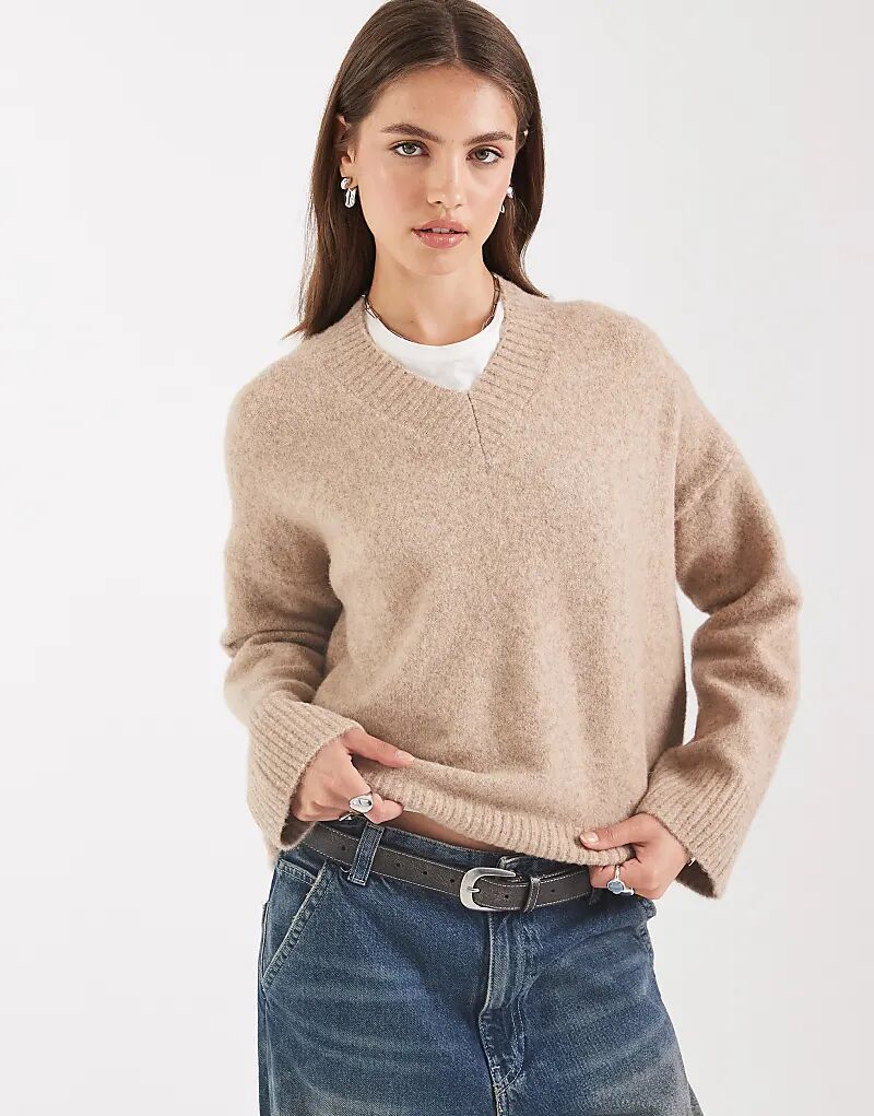 

Рыболовный свитер ASOS DESIGN с V-образным вырезом и комбинированной резинкой, овсяный цвет