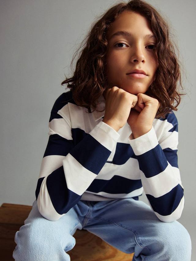 

Детский хлопковый поло-свитшот с длинным рукавом в полоску Mango, Navy