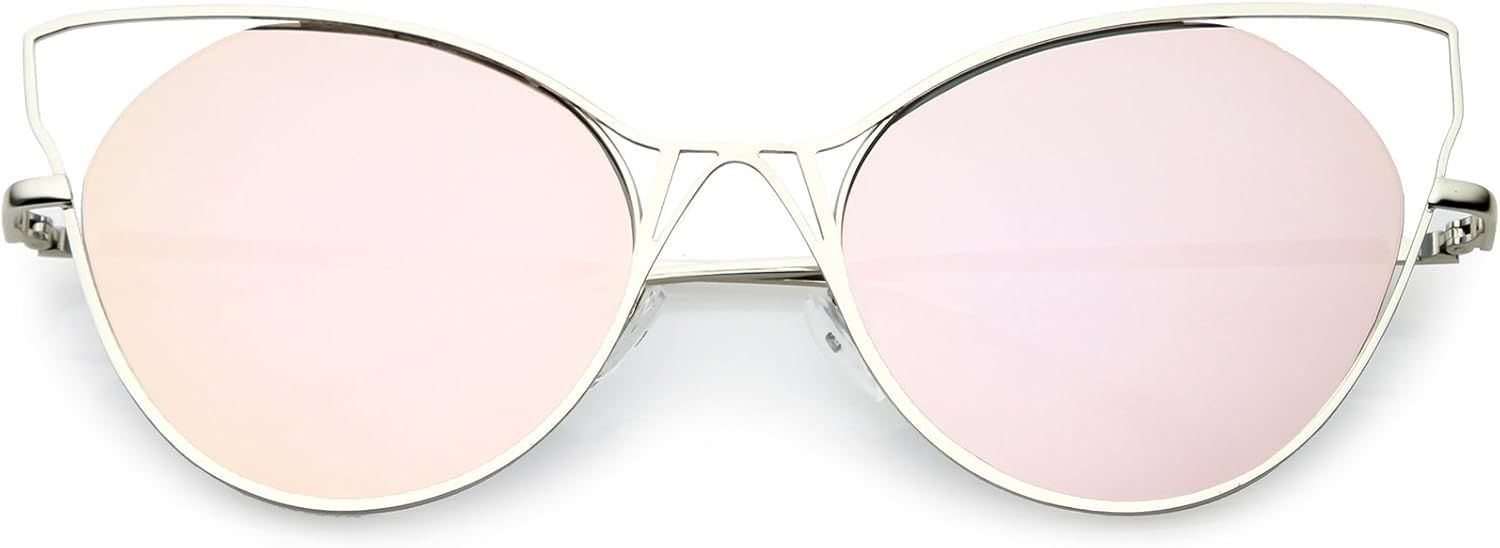 

zeroUV - Солнцезащитные очки большого размера в полуободковой оправе с металлическими вставками, зеркальными плоскими линзами и оправой «кошачий глаз», диаметр линз 60 мм, Silver / Pink Mirror