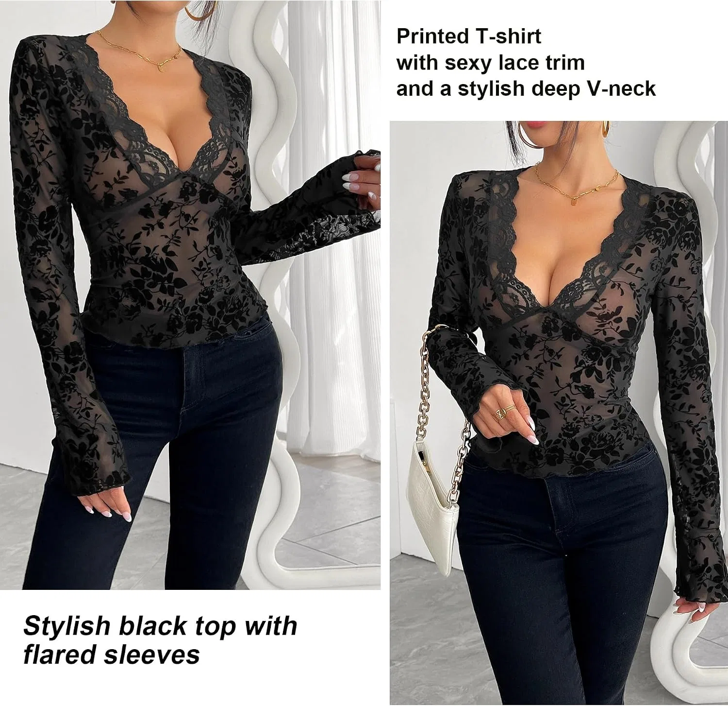 Блуза с V-образным вырезом, кружевная Bell Sleeve Mesh Patchwork, черный — фото 4