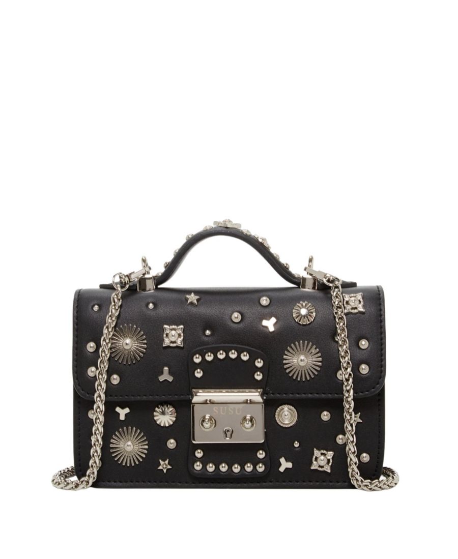 

Маленькая кожаная сумка через плечо, украшенная заклепками, с верхней ручкой, структурированная сумка SUSU, Black