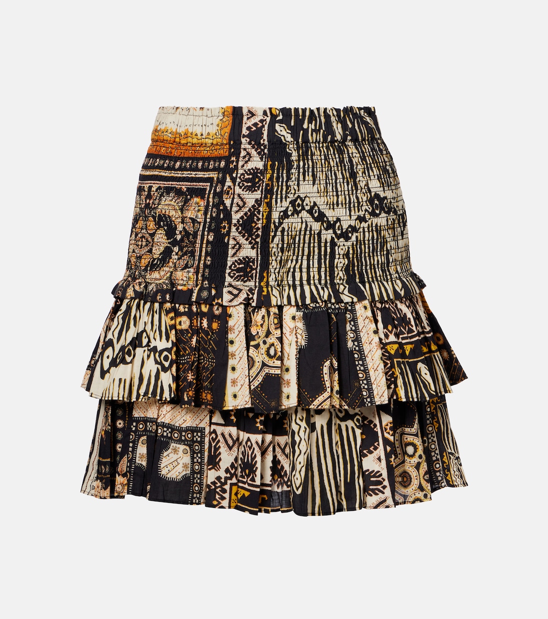 

Мини-юбка из хлопка с присборенной талией и принтом Naomi Marant Etoile, Black / Ochre