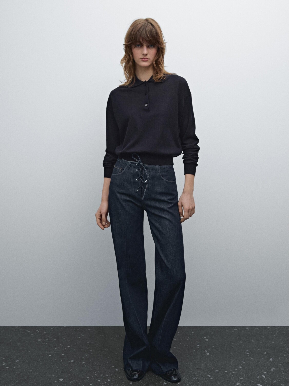 

Трикотажный свитер-поло из хлопковой смеси Massimo Dutti, синий