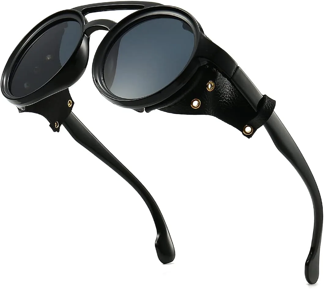 

Солнцезащитные очки GYsnail Make the world clear Round Premium Steampunk Sunglasses For Men With Leather Side, UV400 Protection HD Punk Sunglasses, Black