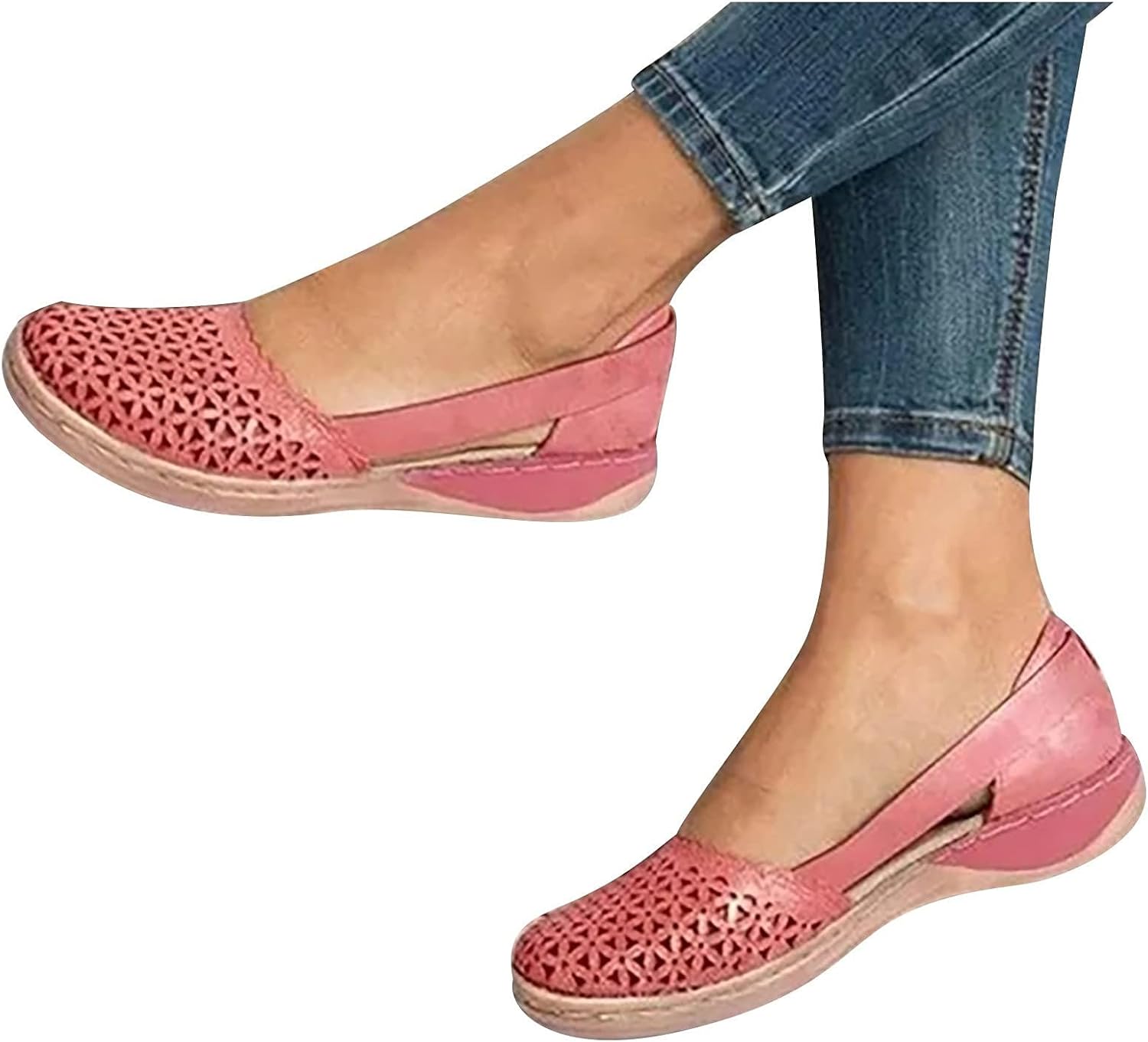 Сандалии с закрытым носком для женщин, с вырезами, на платформе и танкетке, слипоны, бохо стиль, пляжные, удобные, с круглым носком, летние прогулочные и нарядные обувь Wabkderpu, розовый — фото 2