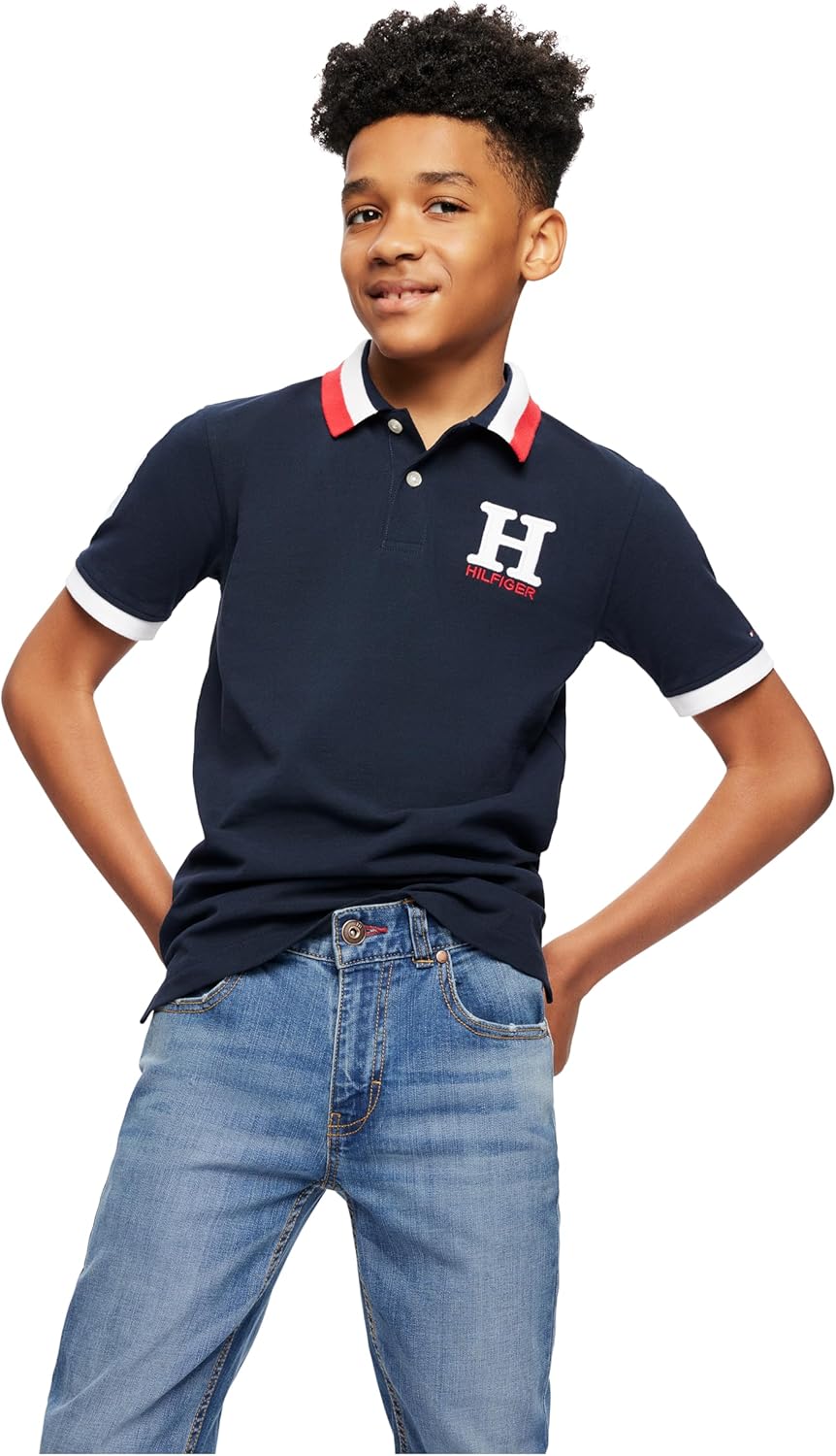 Рубашка-поло Tommy Hilfiger для мальчиков с коротким рукавом из высококачественного пике, застежка на пуговицы, мягкая и удобная, Mast Navy — фото 3