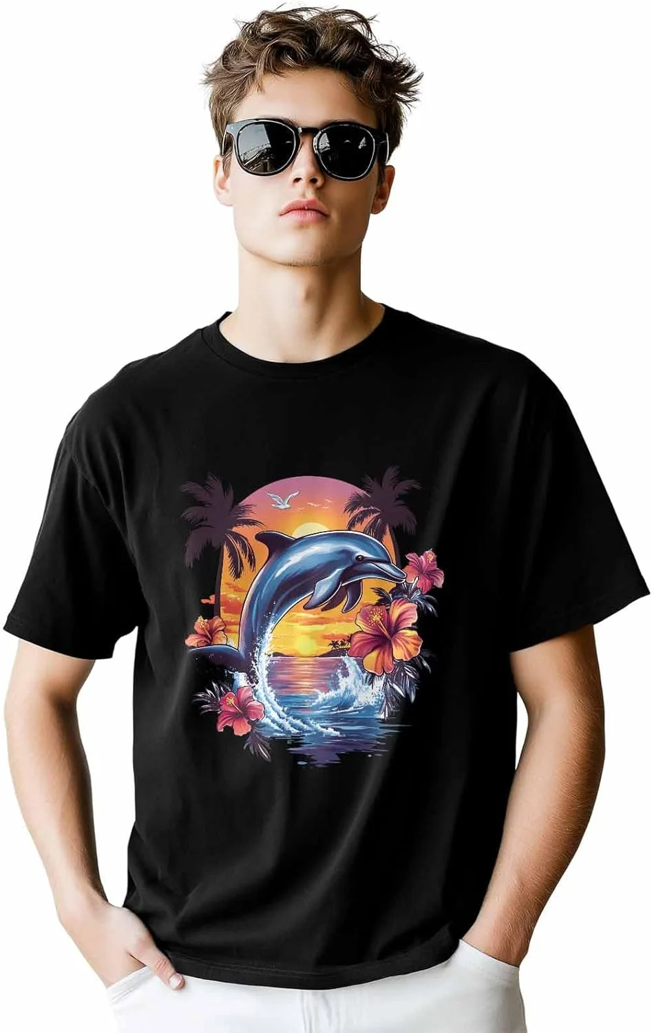 

Мужская футболка с принтом дельфинов и цветов, хлопок, короткий рукав CosyBright