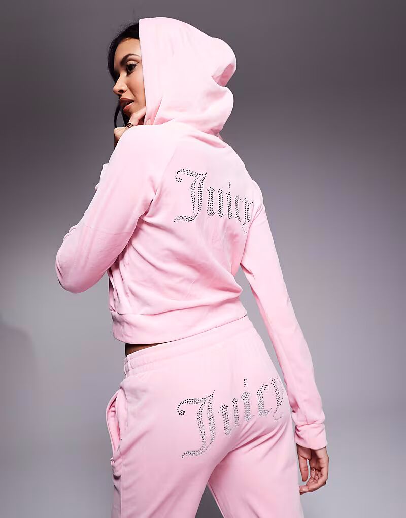 

Худи Juicy Couture из велюра с застежкой-молнией и логотипом-стразами розового цвета