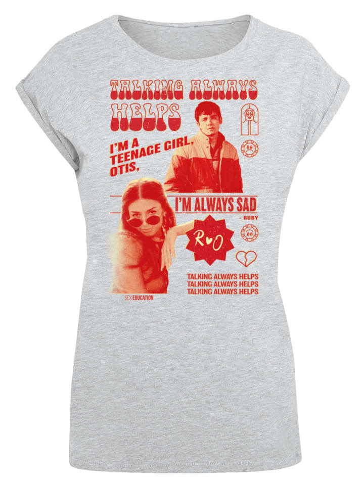 

Футболка с надписью Половое воспитание: Отис говорит, помогает в серых крапинках F4NT4STIC