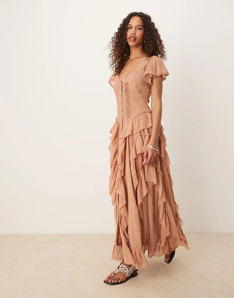 

Платье макси ASOS DESIGN с пуговицами спереди и оборками песочного цвета