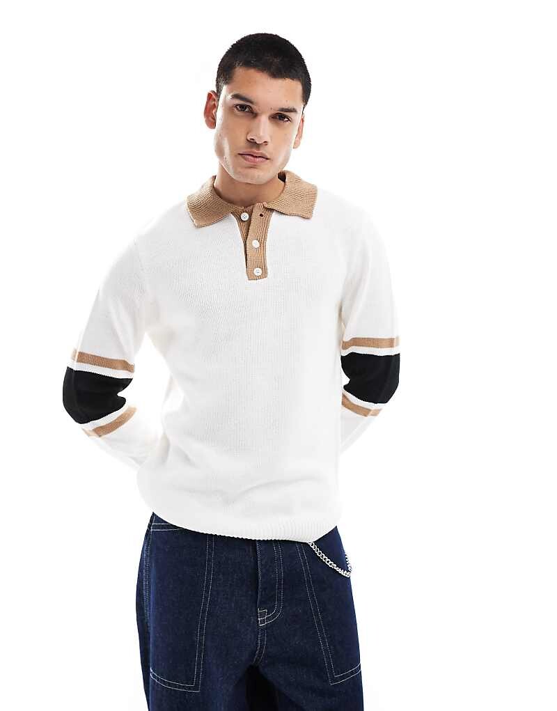 

Белый вязаный джемпер для регби с полосатыми рукавами ASOS DESIGN