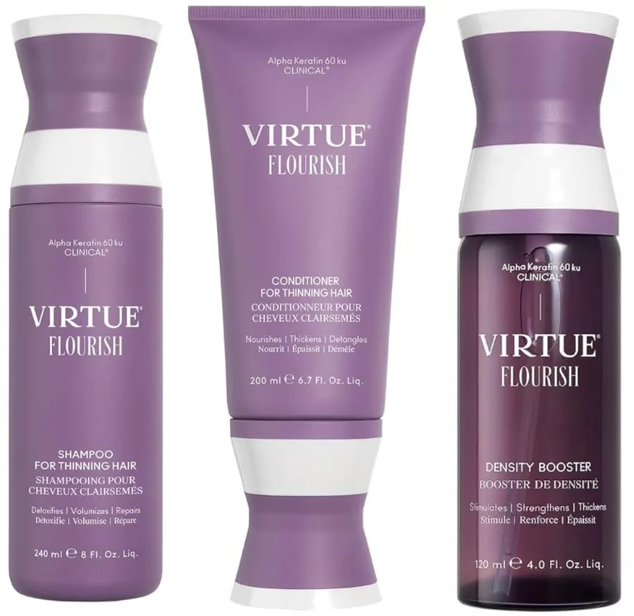 Набор Virtue Flourish, включающий шампунь, кондиционер и спрей для придания густоты тонким и редким волосам, не содержит сульфатов и подходит для окрашенных волос.