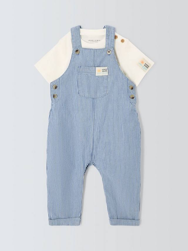 

Детское боди с хлопчатобумажными рукавами и комплект комбинезонов в полоску из саржи John Lewis, синий