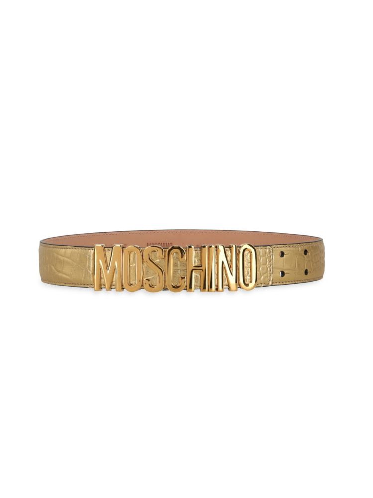 

Ремень из телячьей кожи с тиснением под крокодила и логотипом Moschino, золото