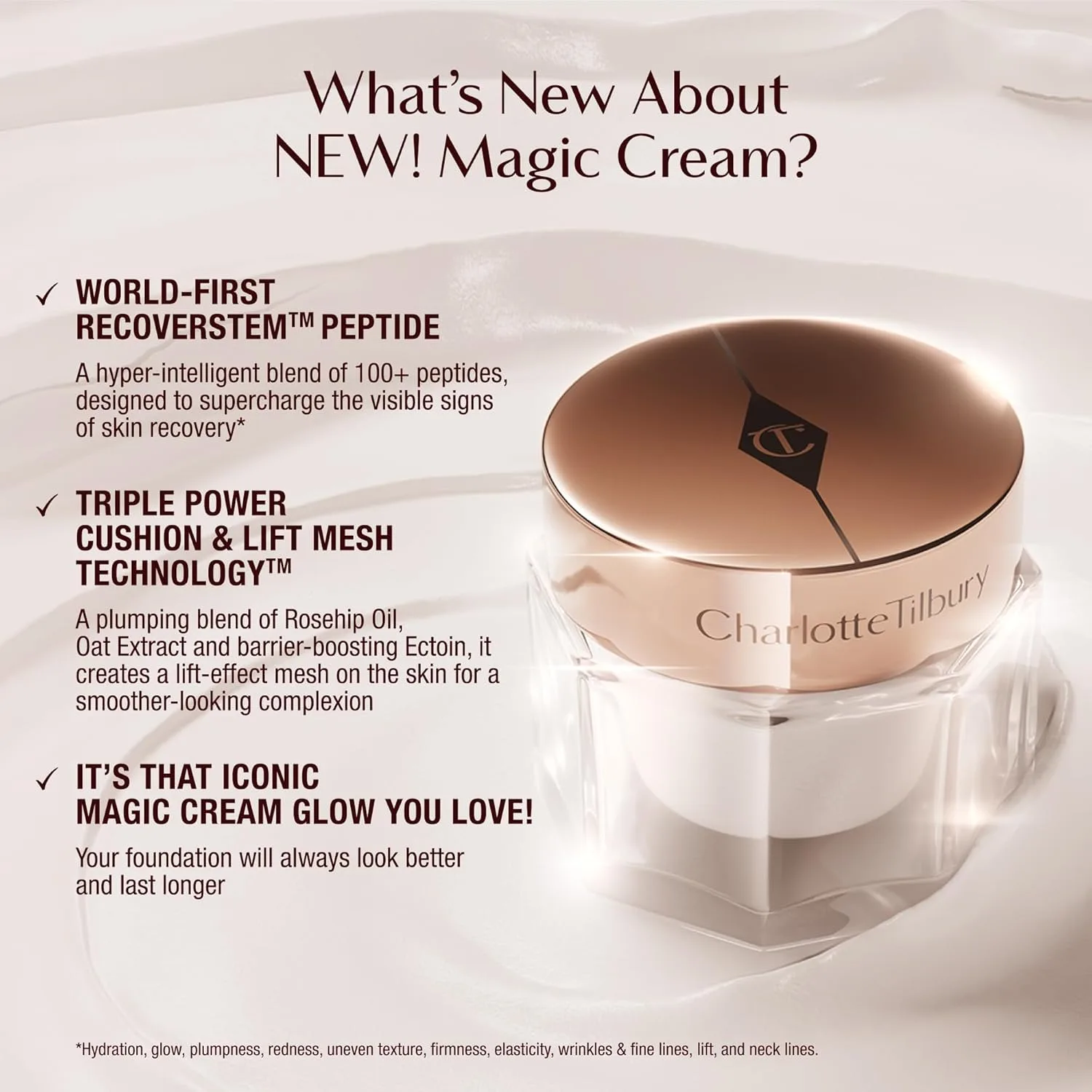 Charlotte Tilbury Magic Cream увлажняющий крем для лица с эффектом лифтинга для гладкой основы под макияж, обогащен витаминами C и E, пептидным комплексом и гиалуроновой кислотой — фото 3