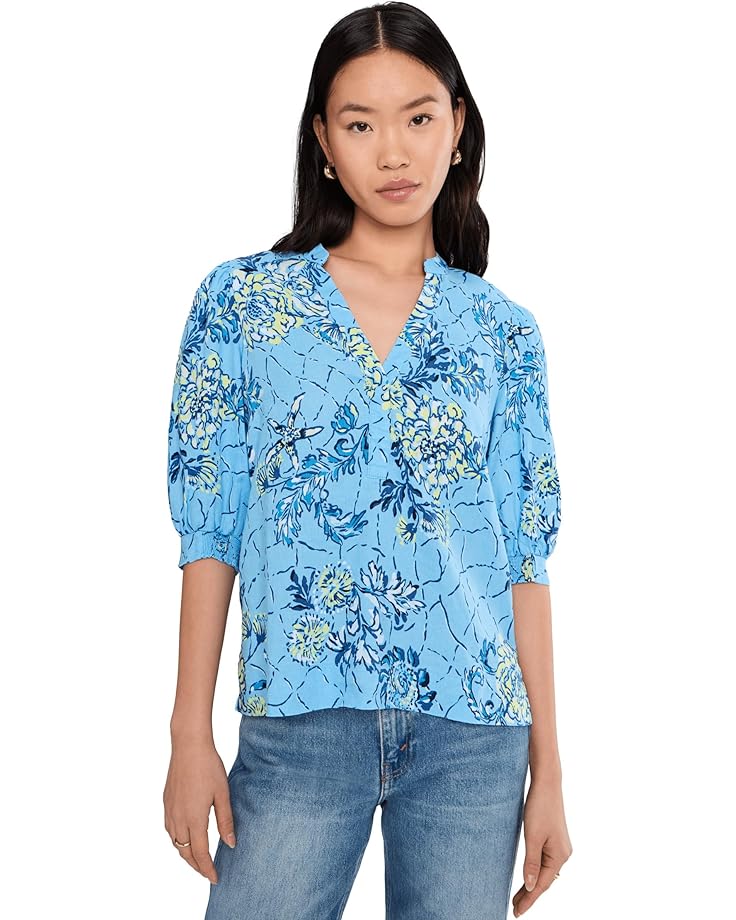 

Женская блуза Lilly Pulitzer Mialeigh с рукавом три четверти из льна, Bellevue Blue Breakers Beach