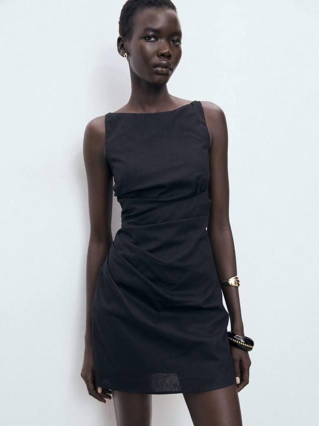 

Коричневое мини-платье без рукавов из смеси льна и хлопка Mango, Black