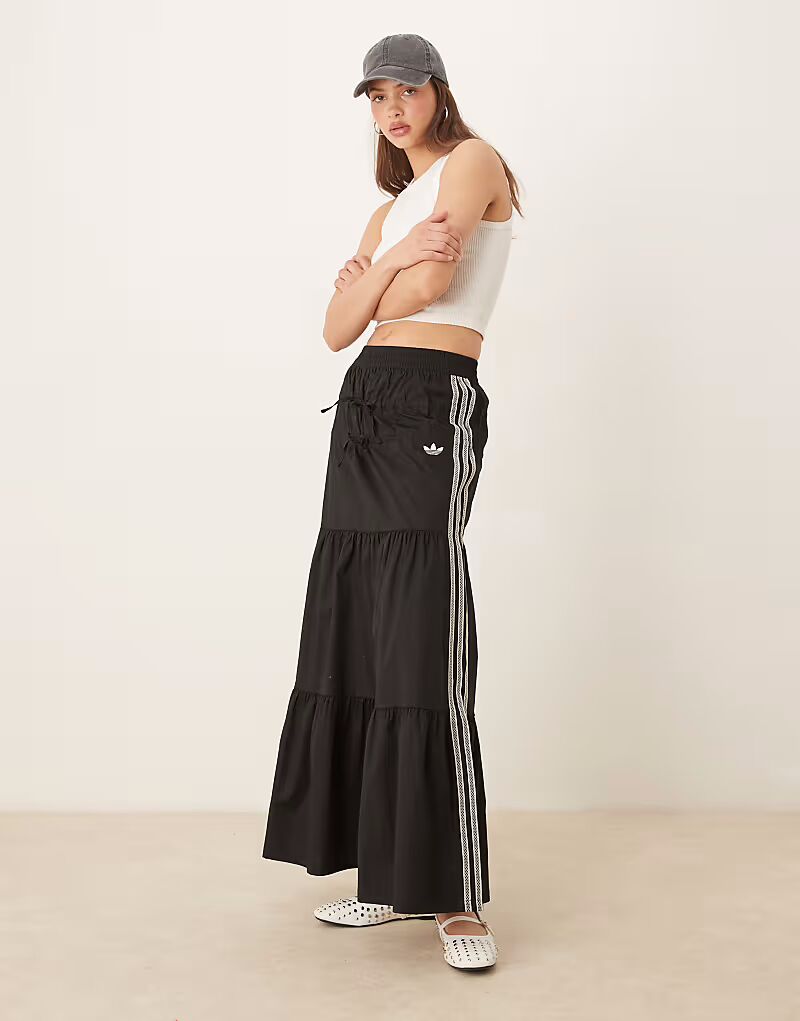 

Юбка макси с тремя полосками, связанная крючком, Adidas Originals черного цвета