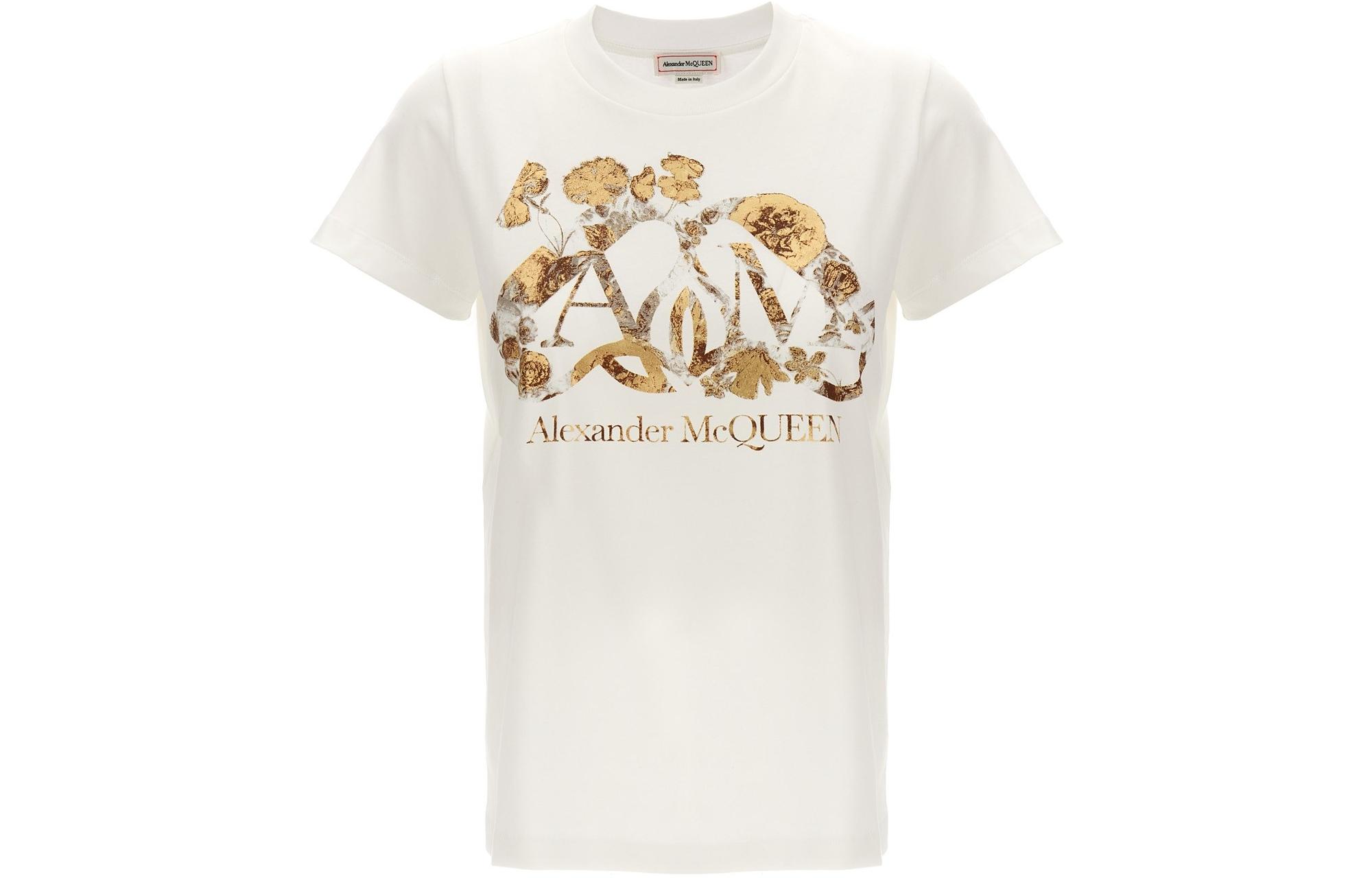 Футболка с цветочным логотипом и воротником-хомутом Alexander McQueen Белая — фото 2